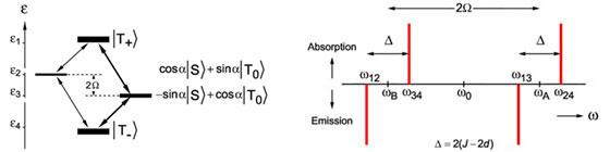 Links: EPR-Termschema eines gekoppelten Radikalpaares. Rechts: EPR-Strichspektrum eines spinkorrelierten, gekoppelten Radikalpaares.